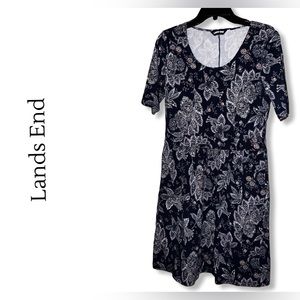 Lands End Short Sleeve Blue Floral Fit & Flare Dress